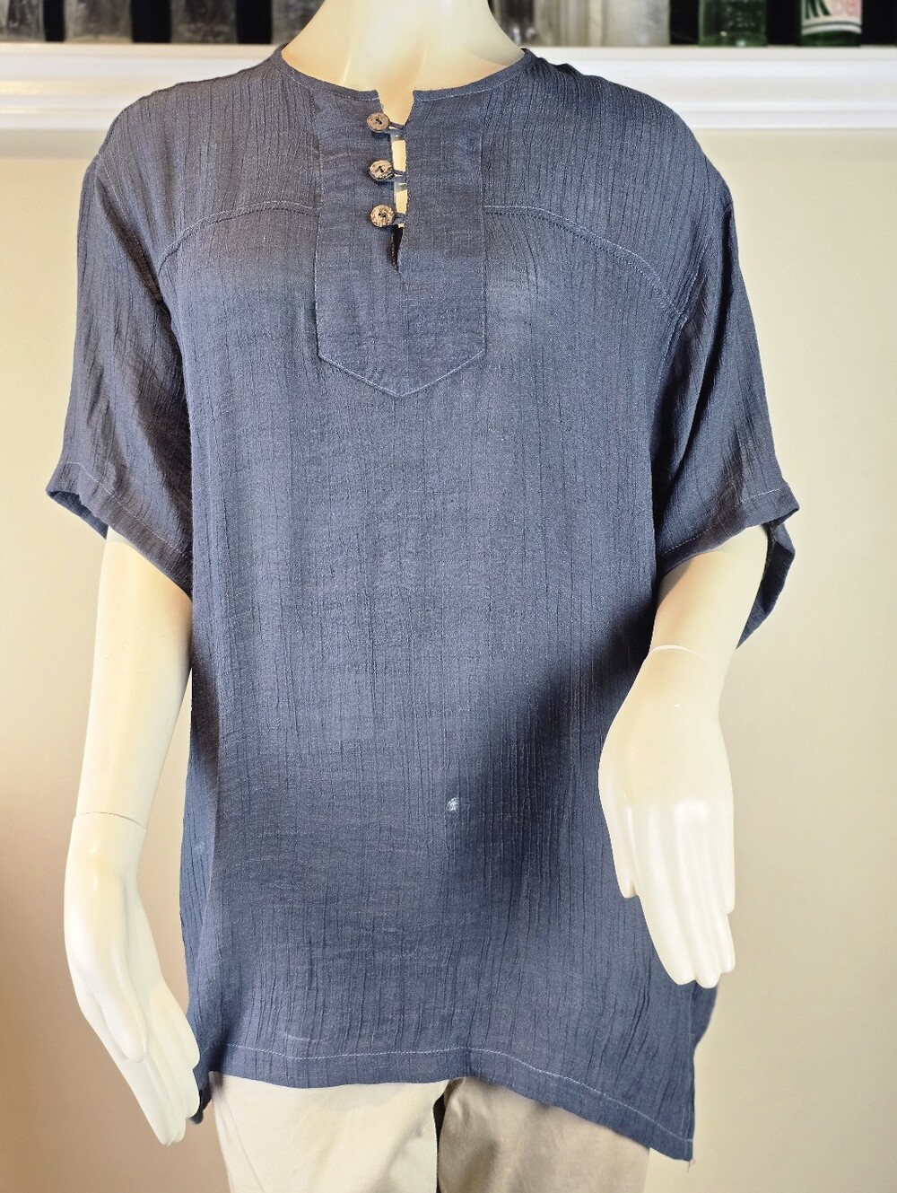 XL Luxury Cotton Silk Blend Tunic Shirt – Slate Blue (Relaxed Fit) Semi Sheer